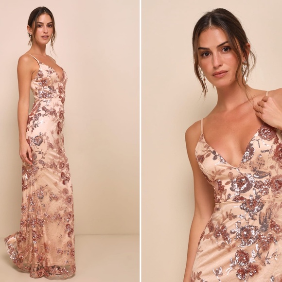 LULUS Prom Wedding Special Event Floral Sequins Rose Gold Mermaid Gown - Picture 3 of 4
